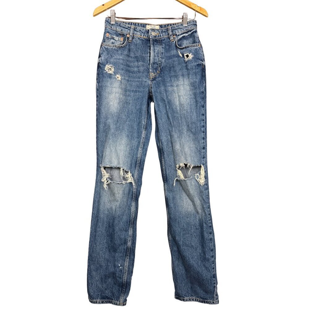 We The Free Distressed Straight Leg Jeans Size 25 Boho Button Fly Ripped Knee